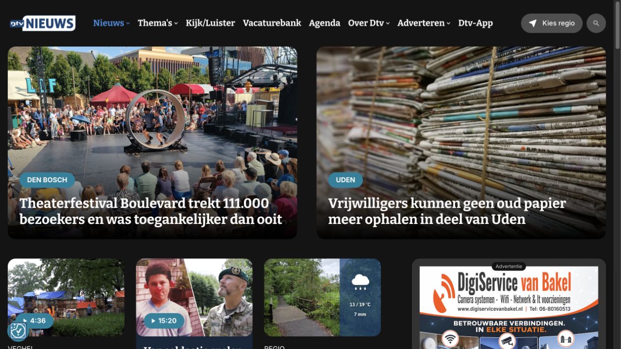 De website van Dtv Nieuws met regionaal nieuws uit het verzorgingsgebied